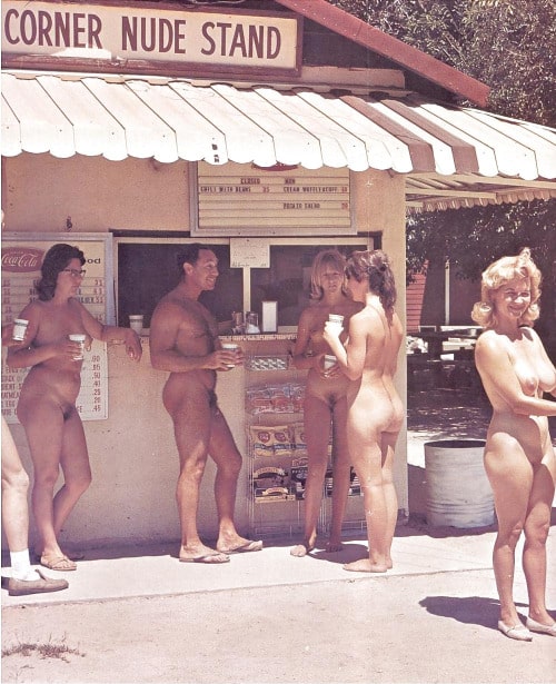 Vintage photo of a group of nudists socializing outdoors. vintage nudists s...